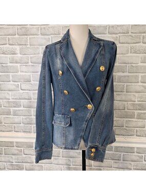 Dictionary Balmain Style Gold Button Double Breasted Denim Dark Academia M